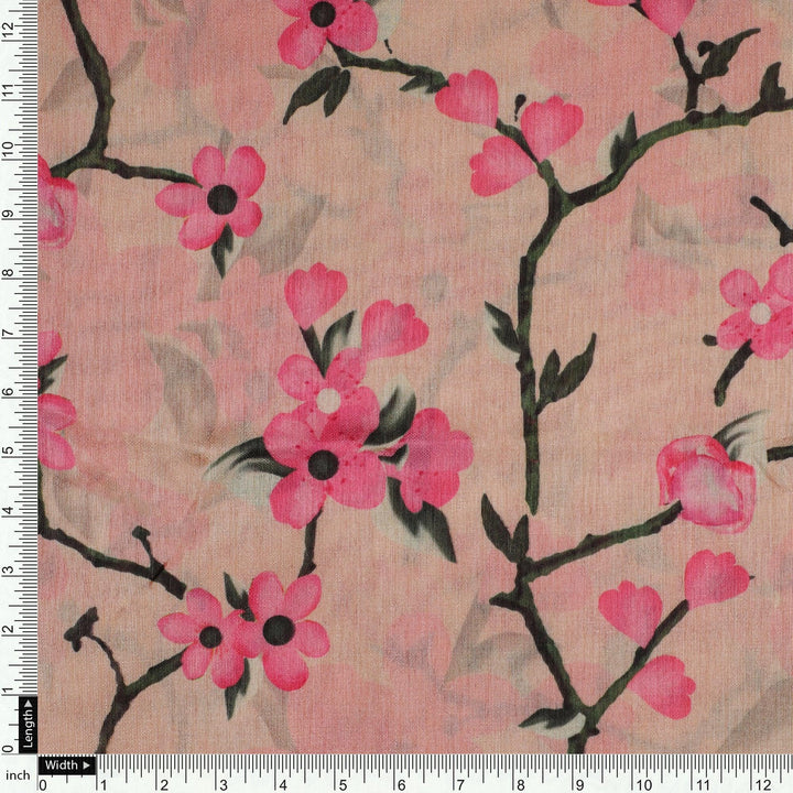 Cherry Red Flower With Branch Digital Printed Fabric - Tusser Silk - FAB VOGUE Studio®