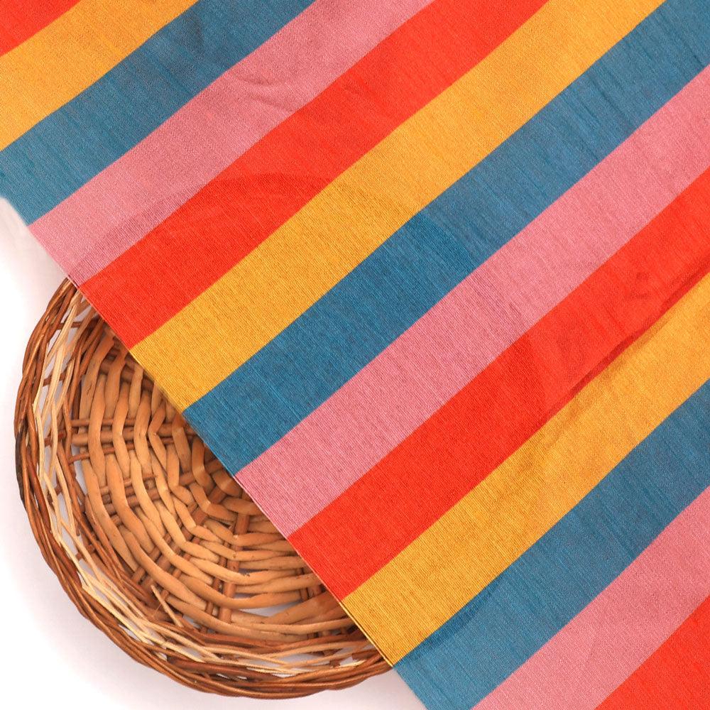 Rainbow Colourful Breton Stripes Digital Printed Fabric - Tusser Silk - FAB VOGUE Studio®