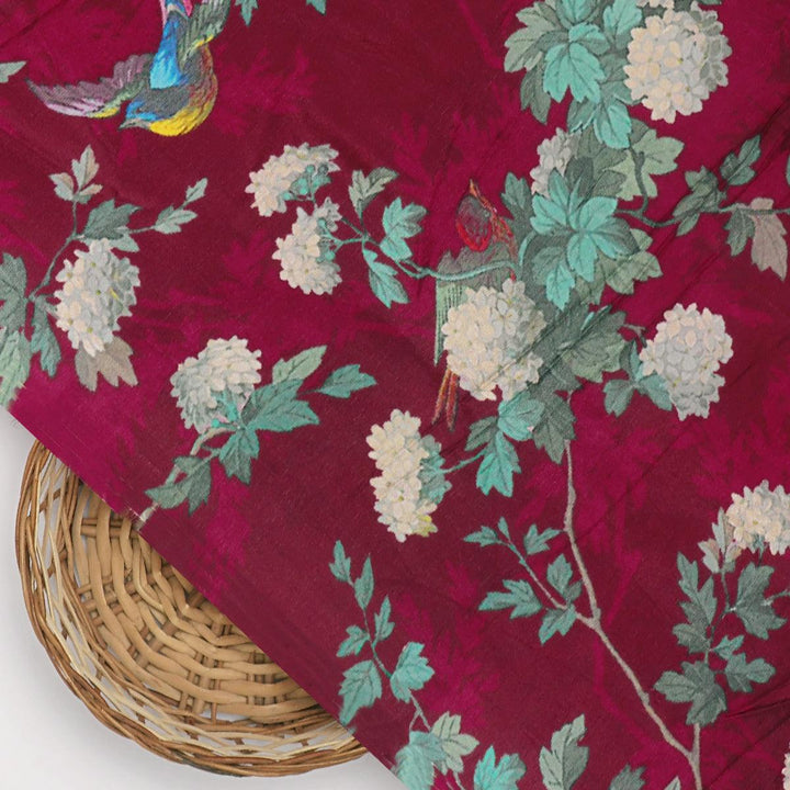 Viscose Upada Silk Digital Printed Fabric with Floral Patterns in Maroon Color - FAB VOGUE Studio®