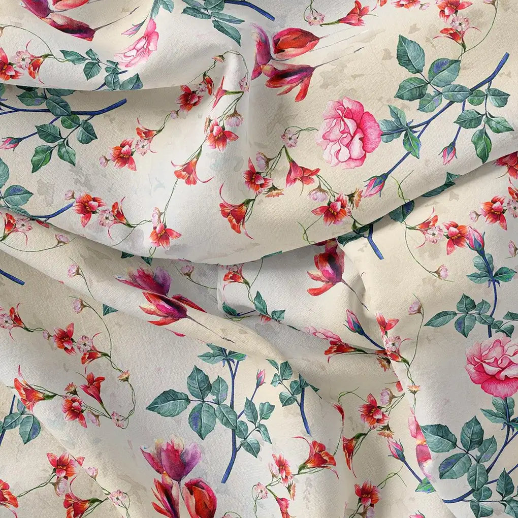 Beautiful Ditsy Red Rose With Lavender Rose - Upada Silk - FAB VOGUE Studio®