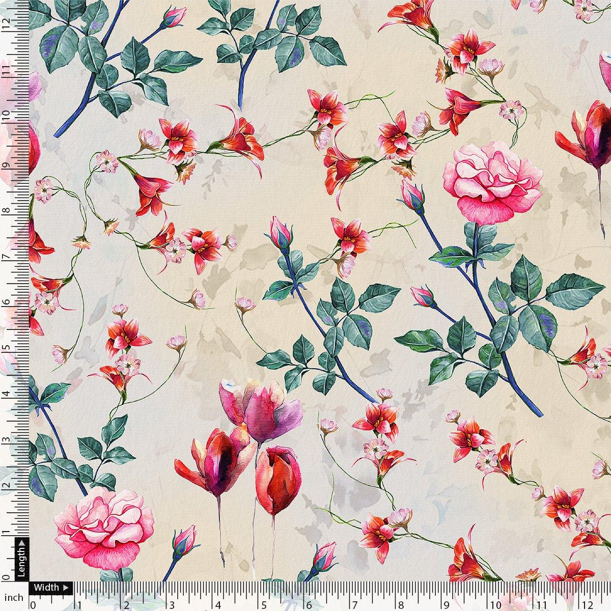 Beautiful Ditsy Red Rose With Lavender Rose - Upada Silk - FAB VOGUE Studio®