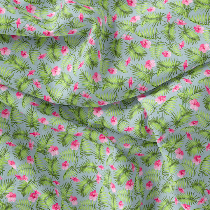 Tropical Leaves Pink Hibiscus Flower Digital Printed Fabric - Upada Silk - FAB VOGUE Studio®