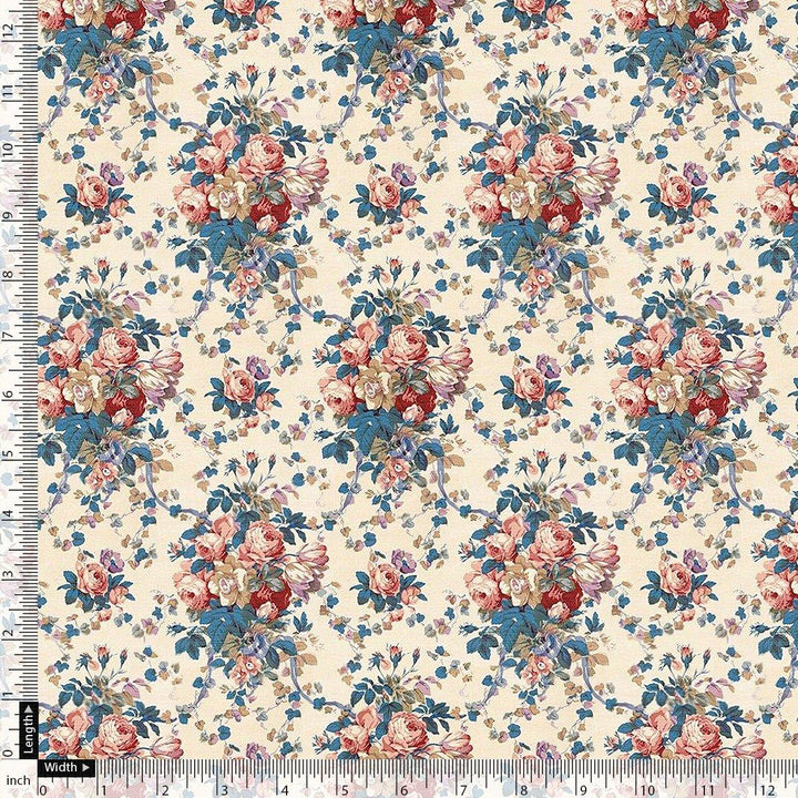 Beautiful Ditsy Flowers On Blue Digital Printed Fabric - Upada Silk - FAB VOGUE Studio®
