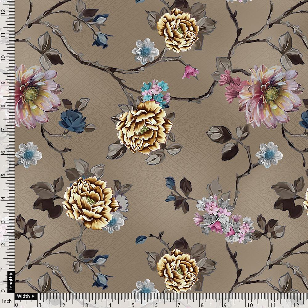 Coffee Grey Flower With Branch Digital Printed Fabric - Upada Silk - FAB VOGUE Studio®