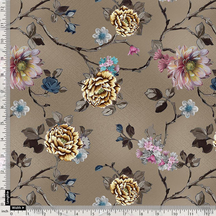 Coffee Grey Flower With Branch Digital Printed Fabric - Upada Silk - FAB VOGUE Studio®