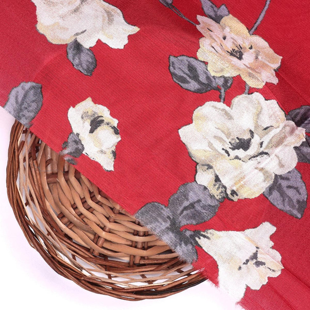 Red And White Flower Digital Printed Fabric - Upada Silk - FAB VOGUE Studio®