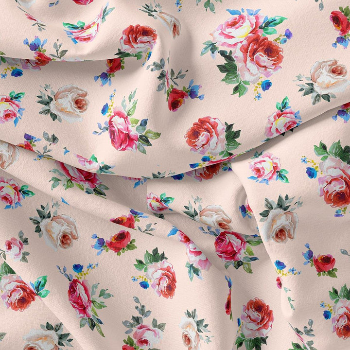 Exotic Blooms Water Color Cream Rose Digital Printed Fabric - Upada Silk - FAB VOGUE Studio®