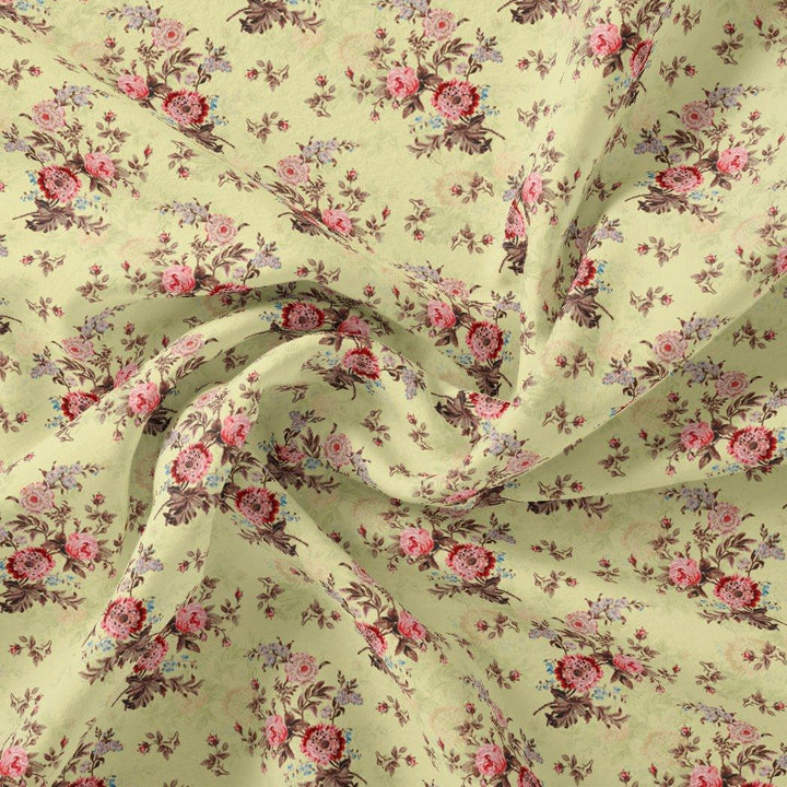 Chrysanthemum And Roses Bunch Digital Printed Fabric - Upada Silk - FAB VOGUE Studio®