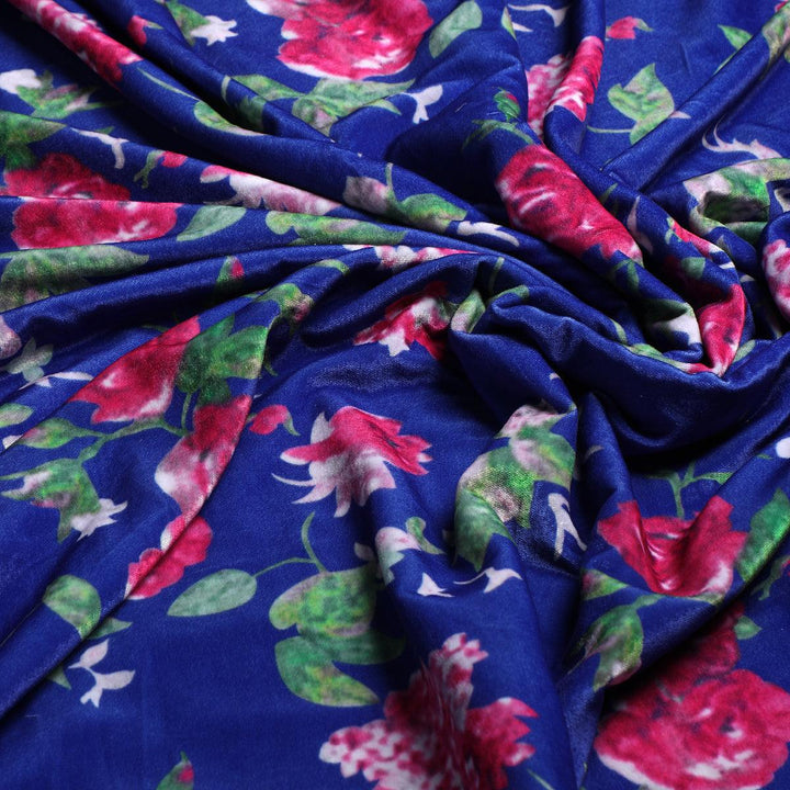 Blue Floral Pattern Velvet Printed Fabric - FAB VOGUE Studio®