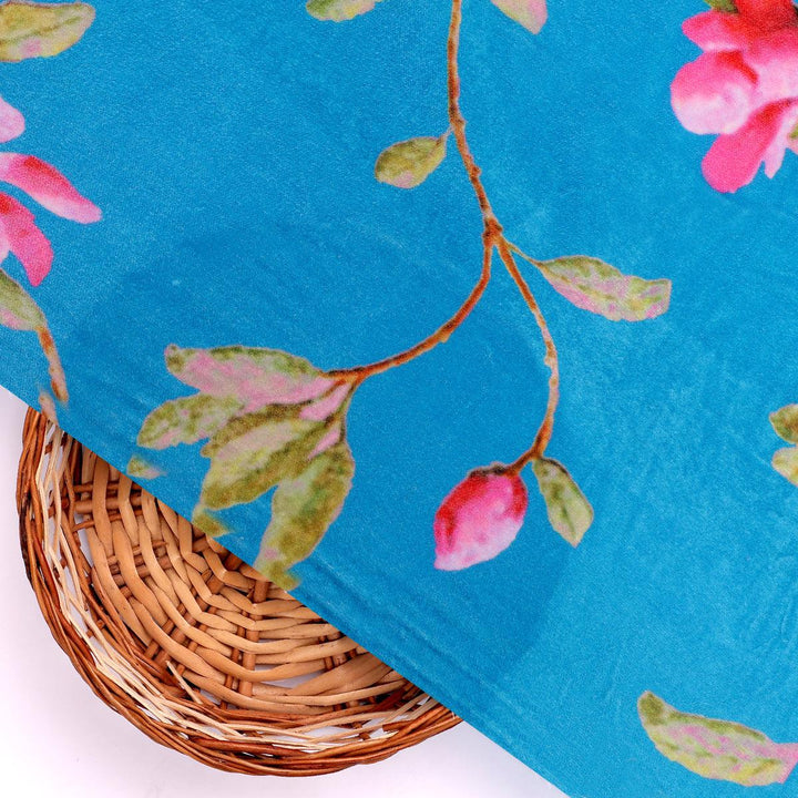 Blue Flower Velvet Printed Fabric - FAB VOGUE Studio®