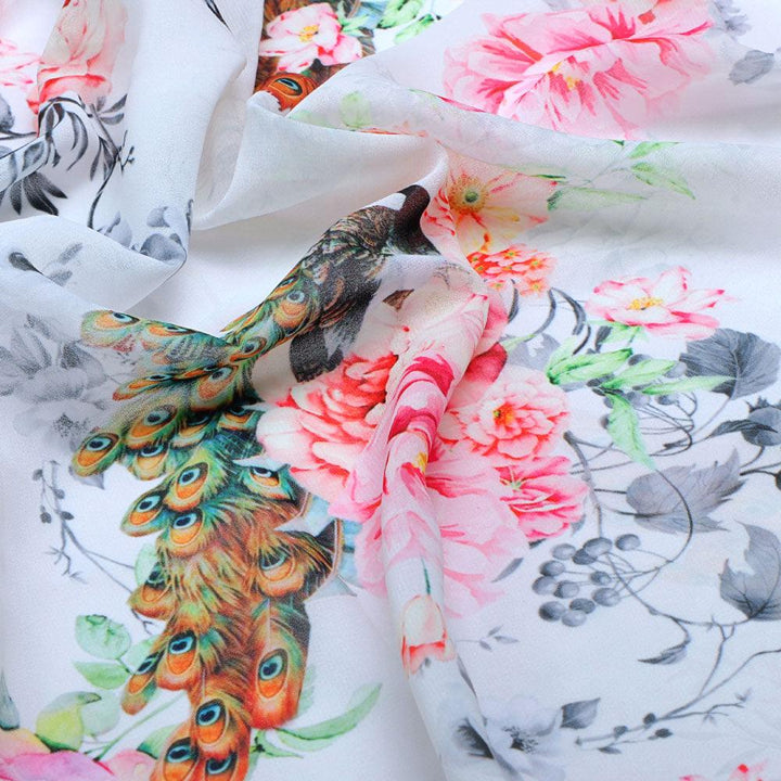 Peacock & Floral Digital Printed Fabric - FAB VOGUE Studio®
