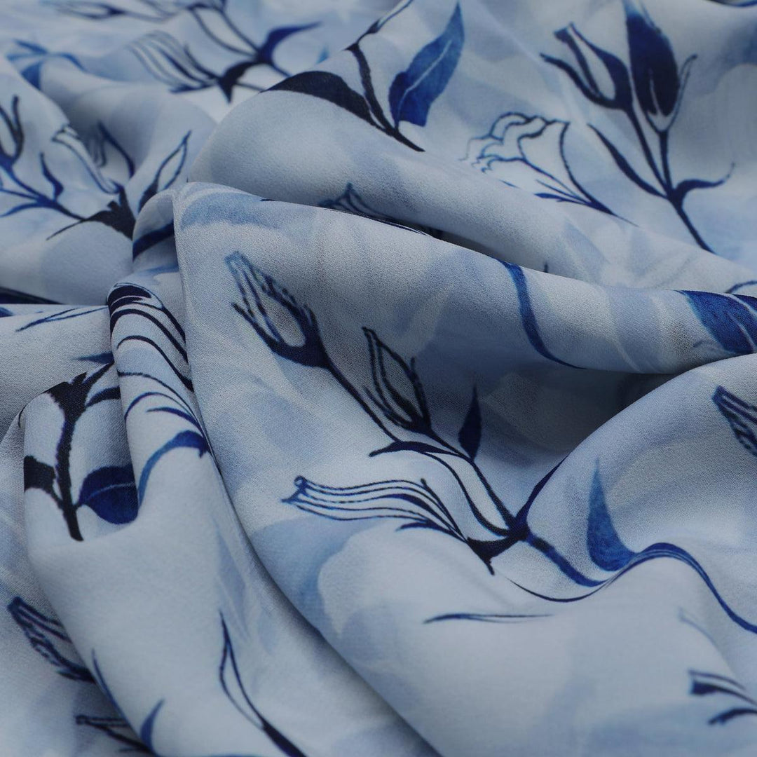 Attractive Blue Bud Water Paint Shadow Digital Printed Fabric - Weightless - FAB VOGUE Studio®