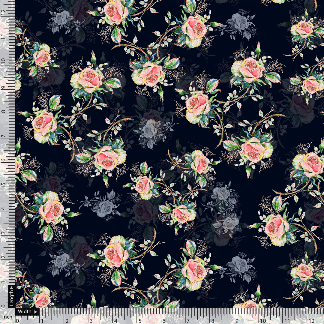 Colourful Roses With Multicolour Branch Digital Printed Fabric - Weightless - FAB VOGUE Studio®