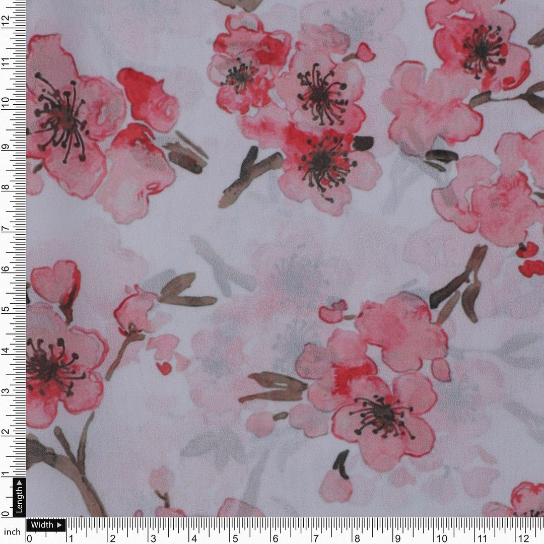 Beautiful Red Flowers over White Base Digital Printed Fabric - FAB VOGUE Studio®
