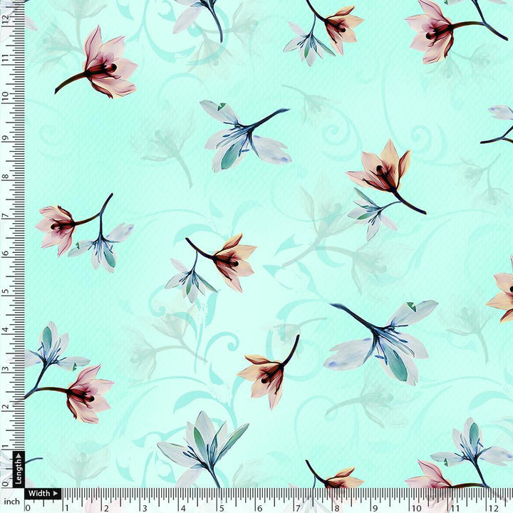 Brown Floating Flower On Rama Green Digital Printed Fabric - Weightless - FAB VOGUE Studio®