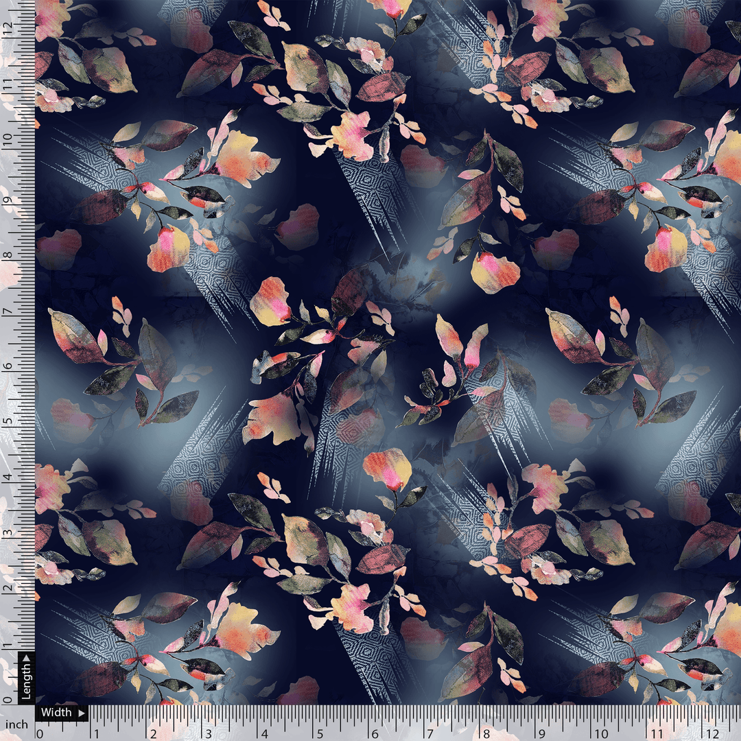 Little Leaves Petals With Blue background Digital Printed Fabric - Weightless - FAB VOGUE Studio®