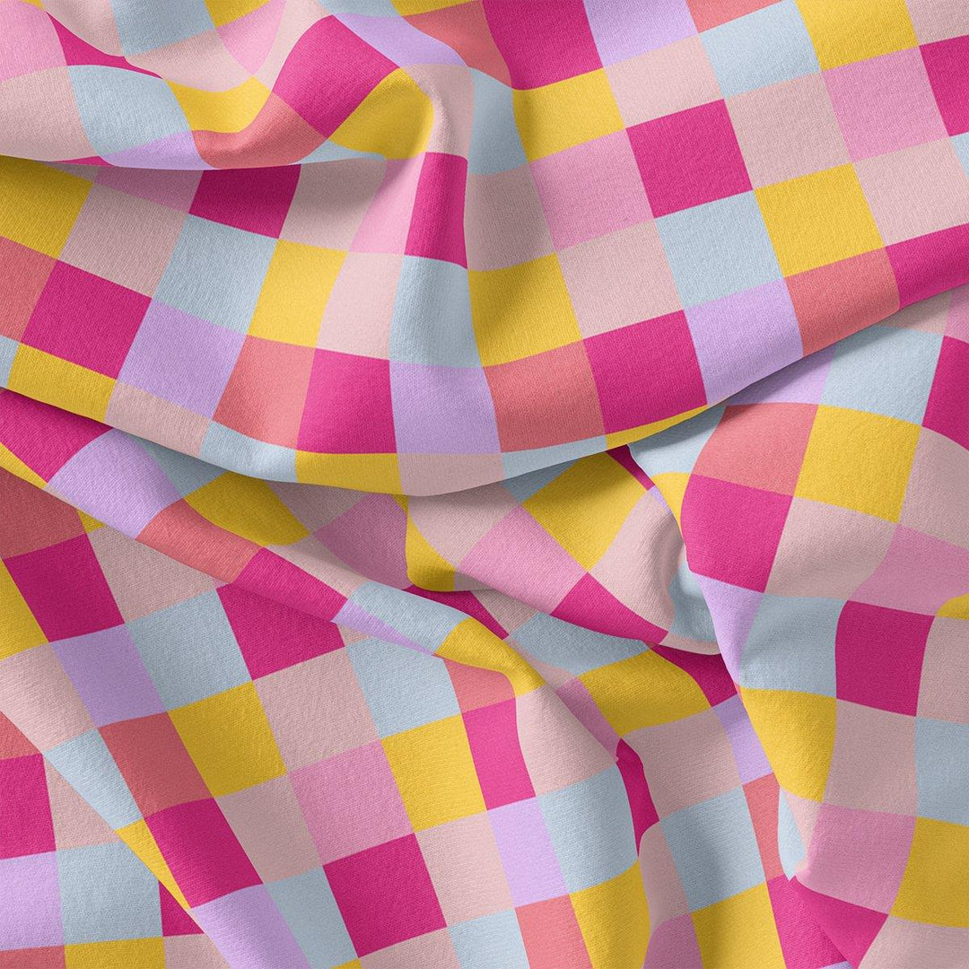 Buffalo Checks Pink And Yellow Digital Printed Fabric - Weightless - FAB VOGUE Studio®