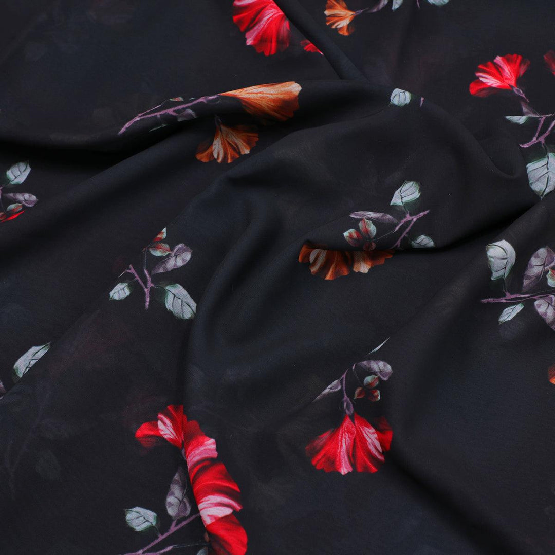 Morden Red Iris With Golden Floral Digital Printed Fabric - Weightless - FAB VOGUE Studio®