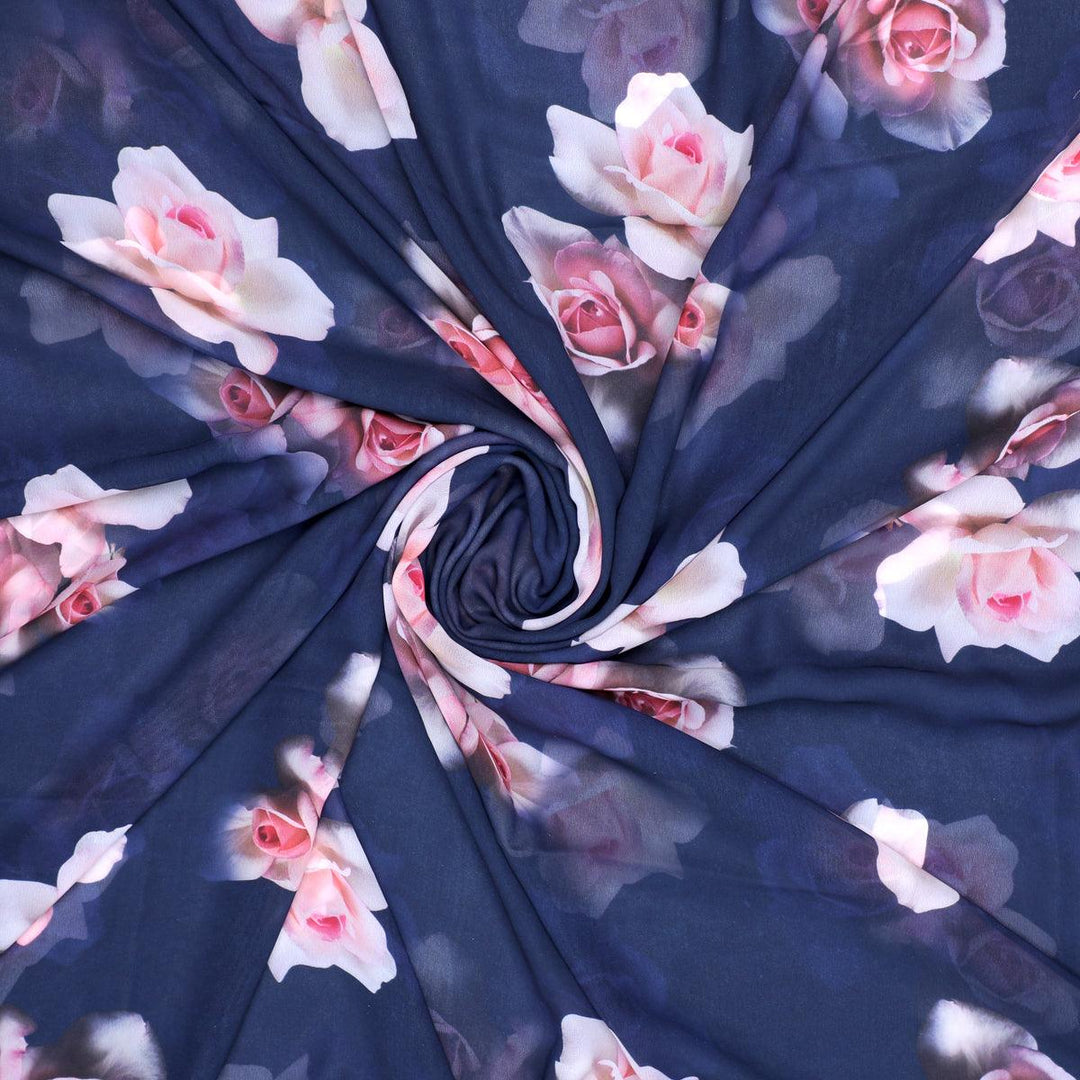 Valvet Blue Background With Creamy Roses Digital Printed Fabric - Weightless - FAB VOGUE Studio®