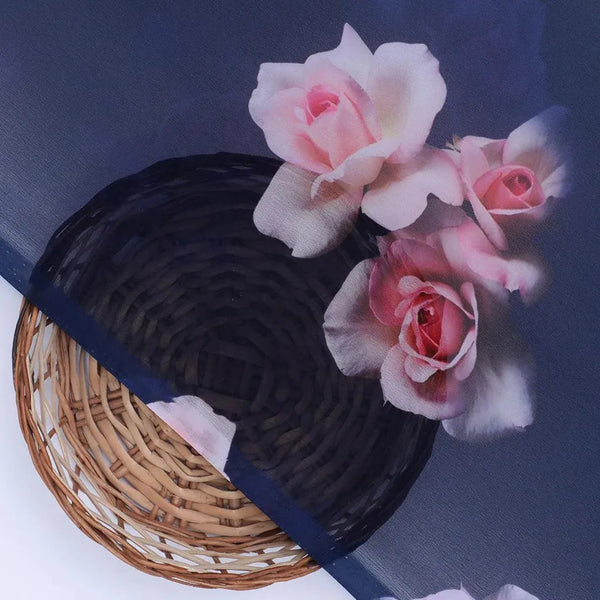 Valvet Blue Background With Creamy Roses Digital Printed Fabric - Weightless – we 0 ta08948p1 110 valvet blue background with creamy roses digital printed fabric weightless 2 - alternate view