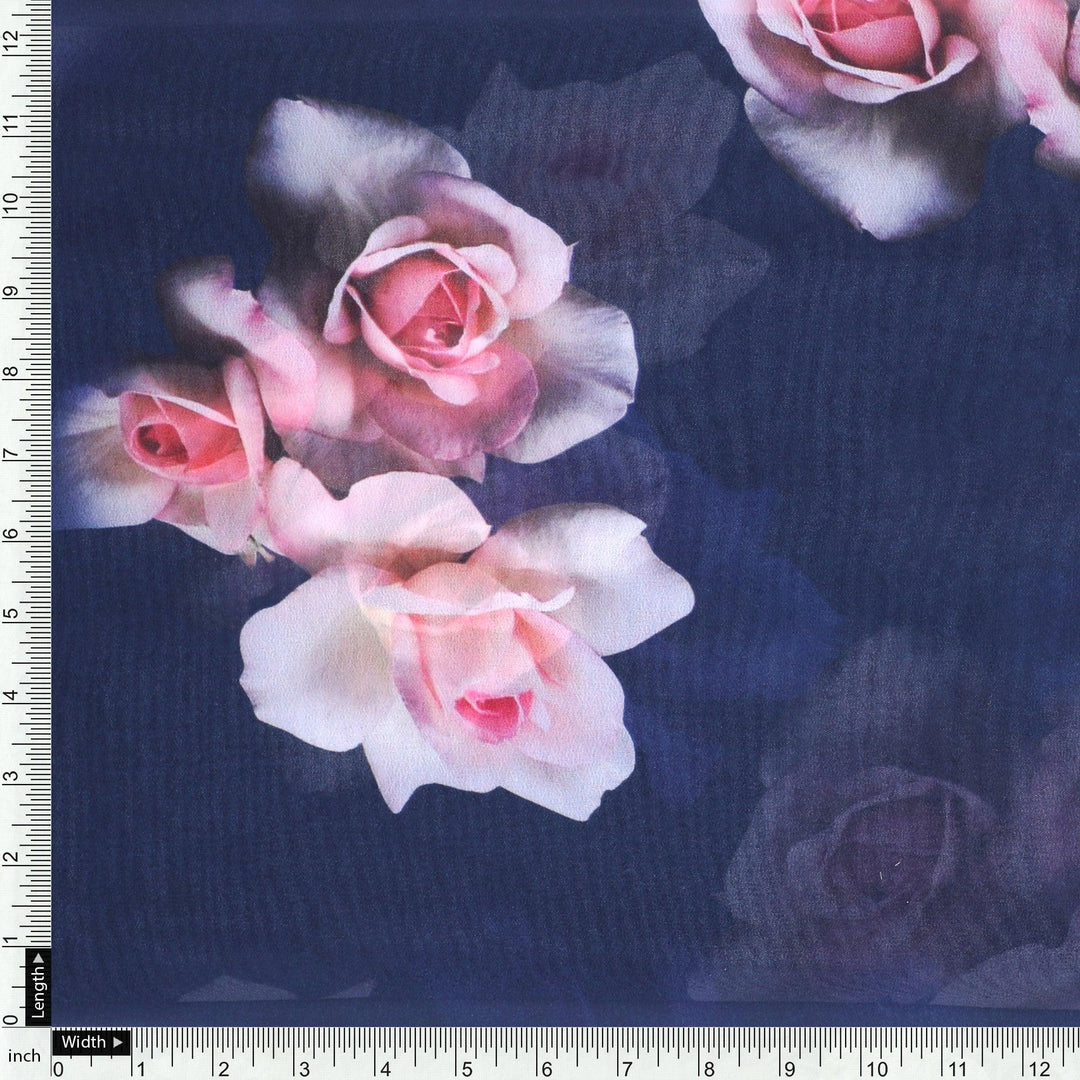 Valvet Blue Background With Creamy Roses Digital Printed Fabric - Weightless - FAB VOGUE Studio®