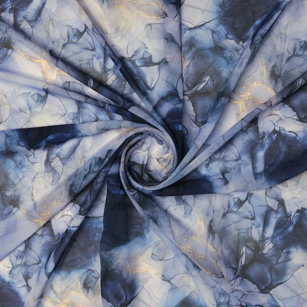 Weightless Digital Printed Polyester Fabric - Blue, Gold Marble ...