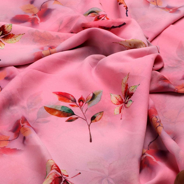 Attractive Multicolour Leaves With Pink Background Digital Printed Fabric - Weightless – we 0 ta09571p3 110 attractive multicolour leaves with pink background digital printed fabric weightless 2 - alternate view