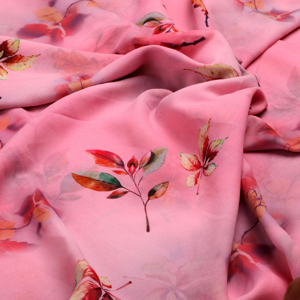 Attractive Multicolour Leaves With Pink Background Digital Printed Fabric - Weightless - FAB VOGUE Studio®