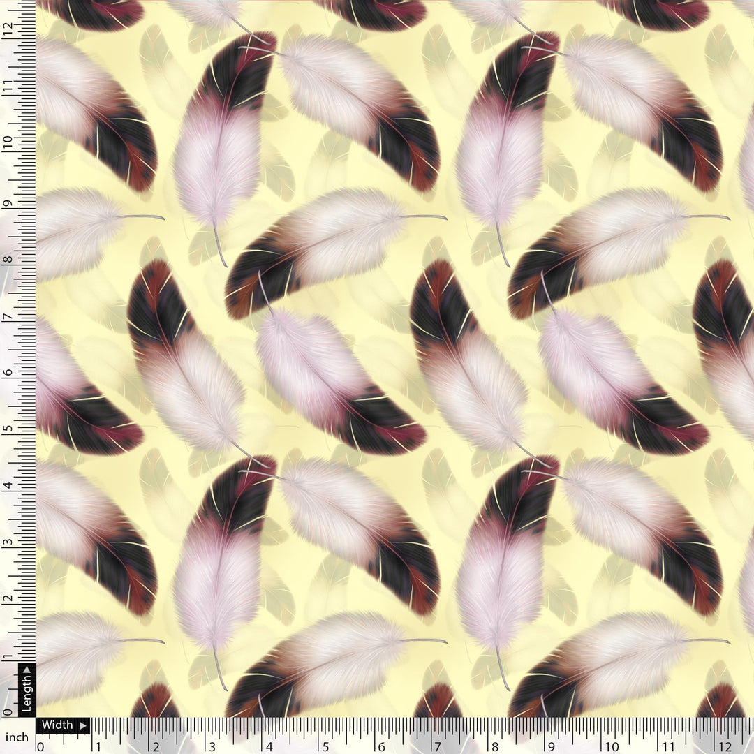 Brown Feather With pastel Yellow Background Digital Printed Fabric - Weightless - FAB VOGUE Studio®