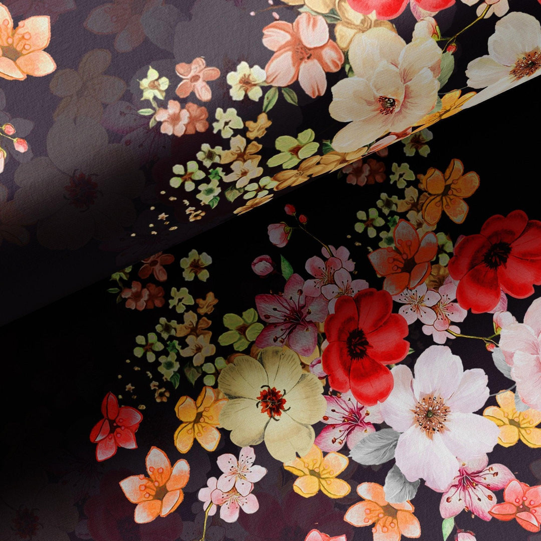 Colorful Floral Black Base Digital Printed Fabric - FAB VOGUE Studio®