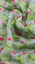 Green Tropical Palm and Hibiscus Floral Pure Georgette Digital Printed Fabric