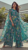 Teal Stylized Floral Bloom Print Organza Digital Printed Fabric