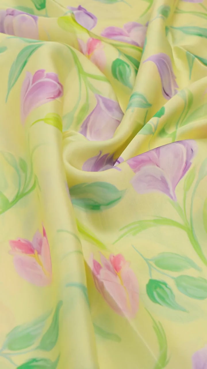 Yellow Floral Linen Satin Fabric