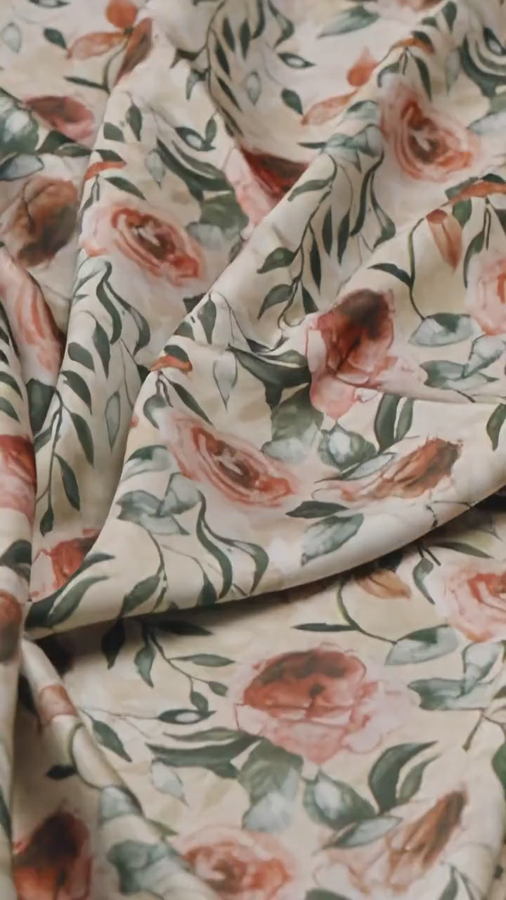 Beige Floral Linen Satin Fabric