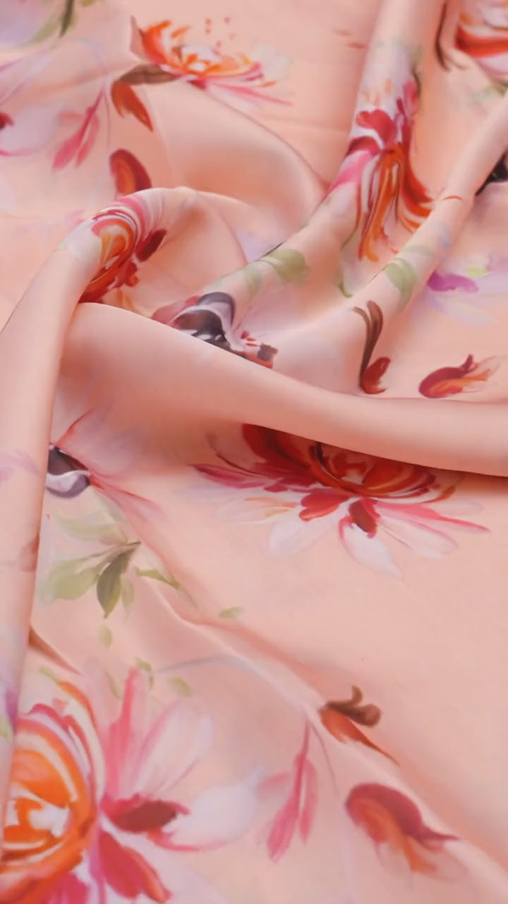 Peach Floral Linen Satin Fabric