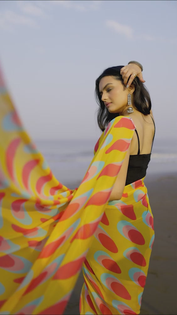 Multicolor Abstract Retro Shapes Pure Georgette Digital Printed Fabric