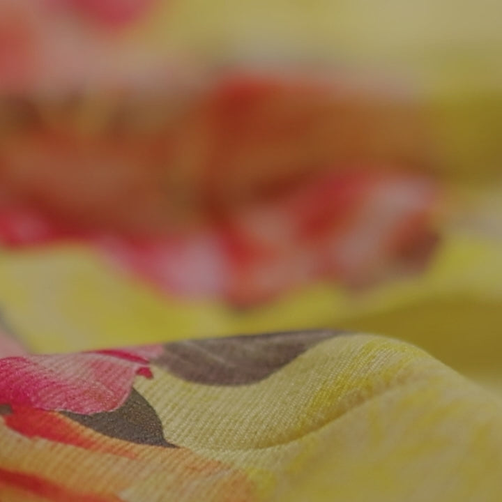 Yellow Classic Rose Floral Print Kota Doria Digital Printed Fabric