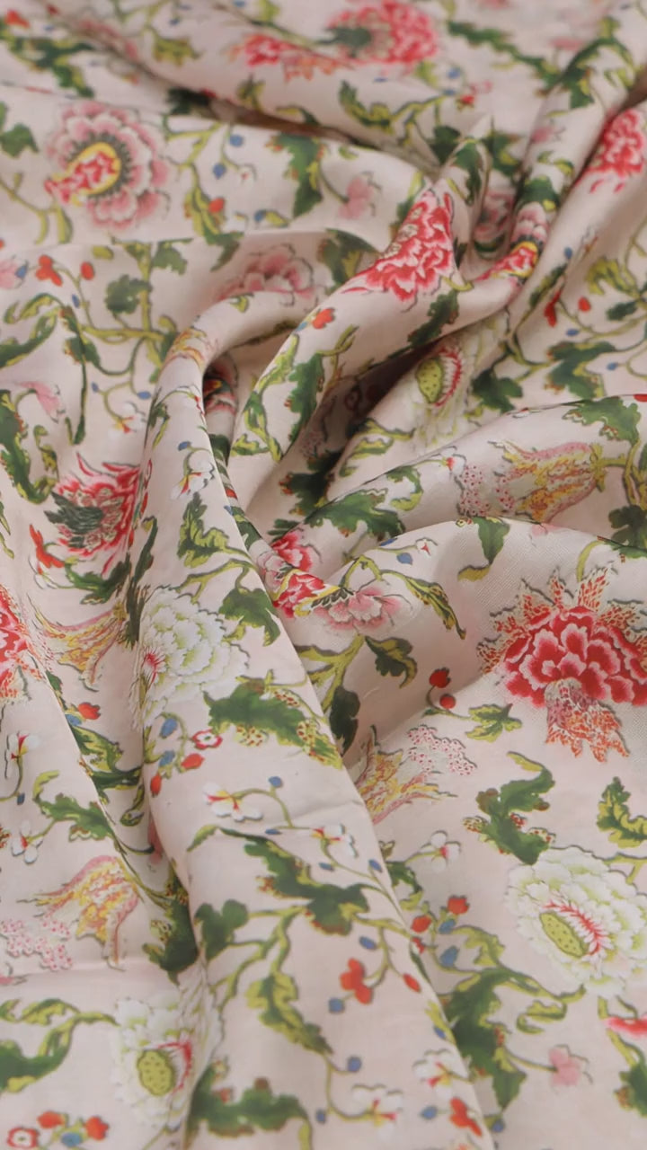 Pink Floral Linen Satin Fabric