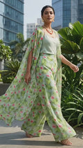 Green Tropical Palm and Hibiscus Floral Pure Georgette Digital Printed Fabric