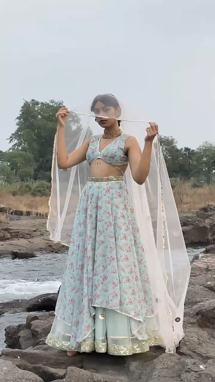 Teal Flower Weightless Printed Fabric