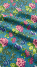 Teal Pink Floral Botanical Velvet Digital Printed Fabric