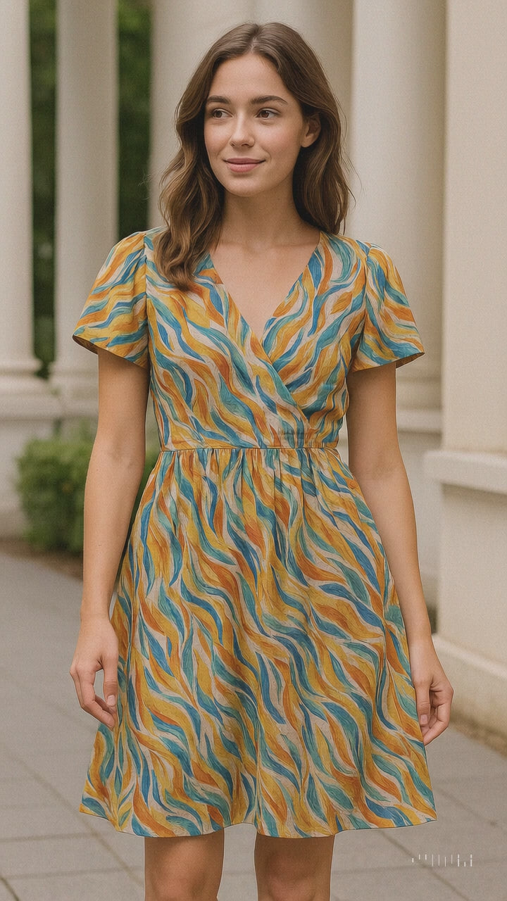 Abstract Print Linen Satin Fabric