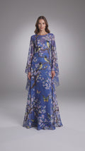 Blue Birds and Blossoms Floral Organza Digital Printed Fabric
