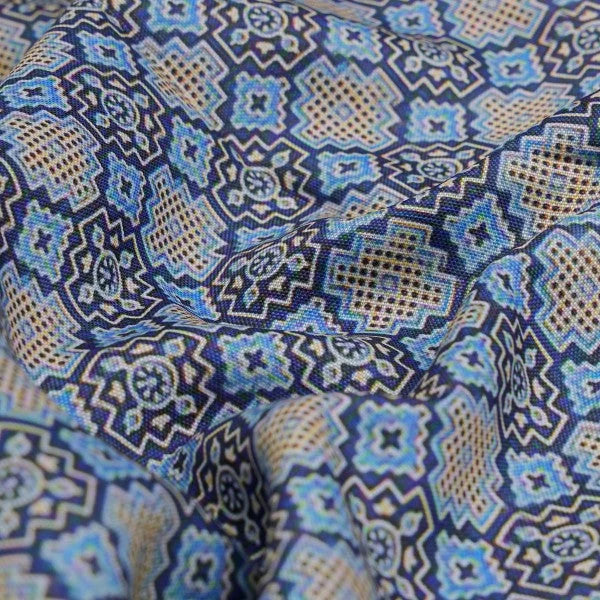 Blue & Tan Moroccan Tile Inspired Geometric Rayon Fabric – ra 0 ma04234 114 1