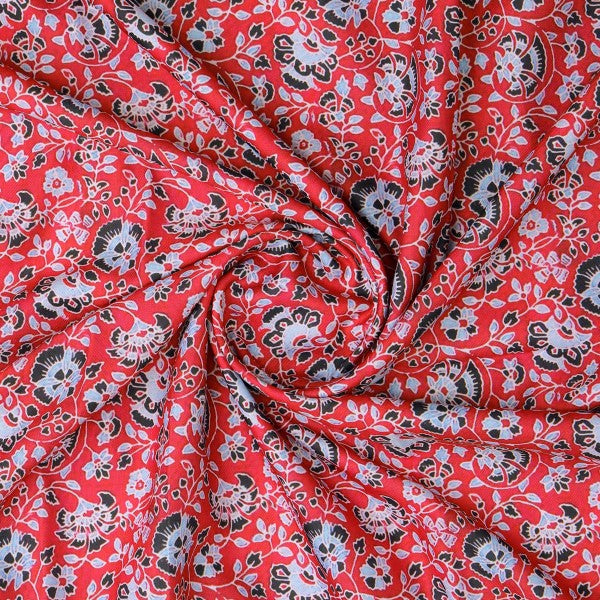 Vibrant Red Floral Jaipuri Style Printed Rayon Fabric