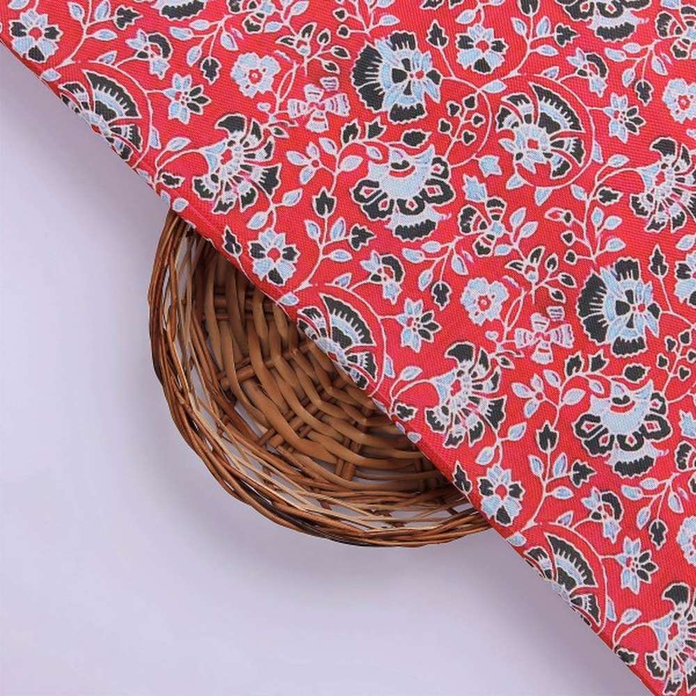 Vibrant Red Floral Jaipuri Style Printed Rayon Fabric