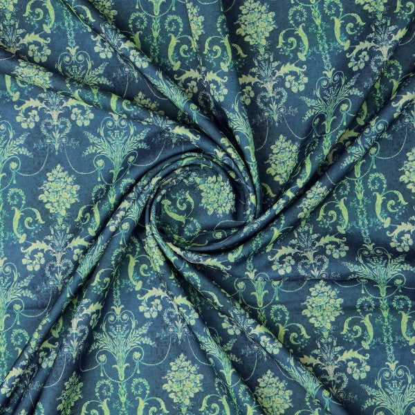 Teal and Lime Green Damask Patterned Rayon Fabric