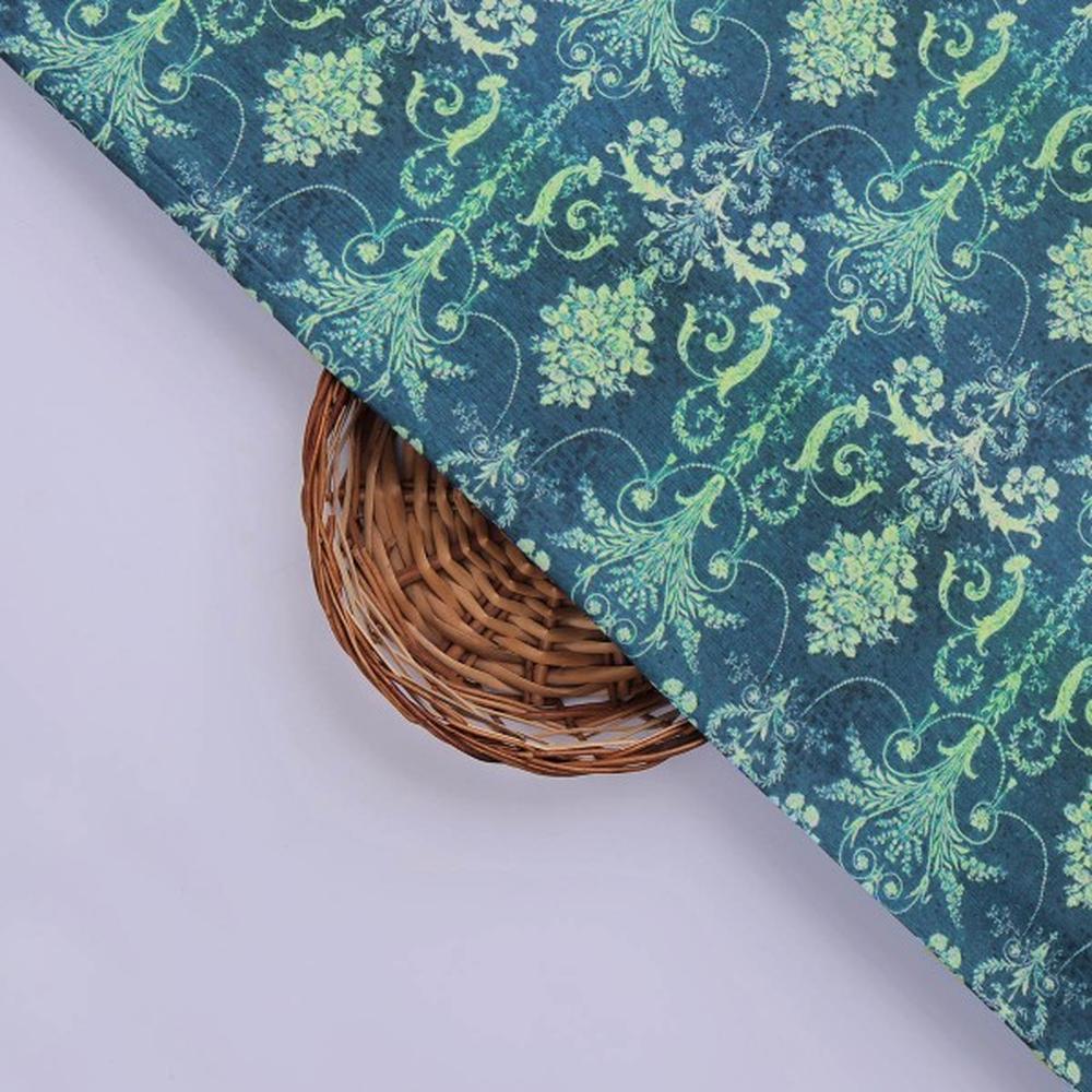 Teal and Lime Green Damask Patterned Rayon Fabric