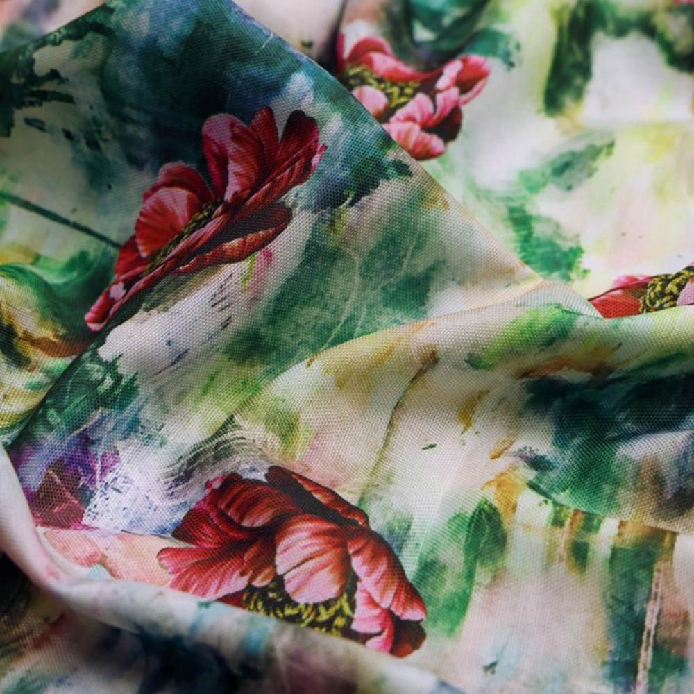 Painterly Red Poppy on Green Abstract Rayon Fabric – ra 0 ta0702 114 1