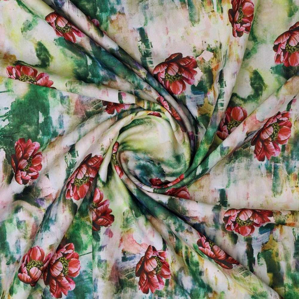 Painterly Red Poppy on Green Abstract Rayon Fabric – ra 0 ta0702 114 2